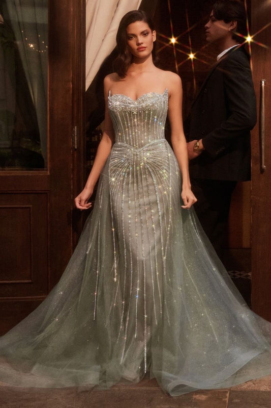 Strapless Crystal Embellished Gown With Overskirt