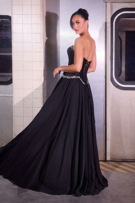Ball Gown Strapless Satin Corset Crystal Embellished Bodice Chiffon Skirt