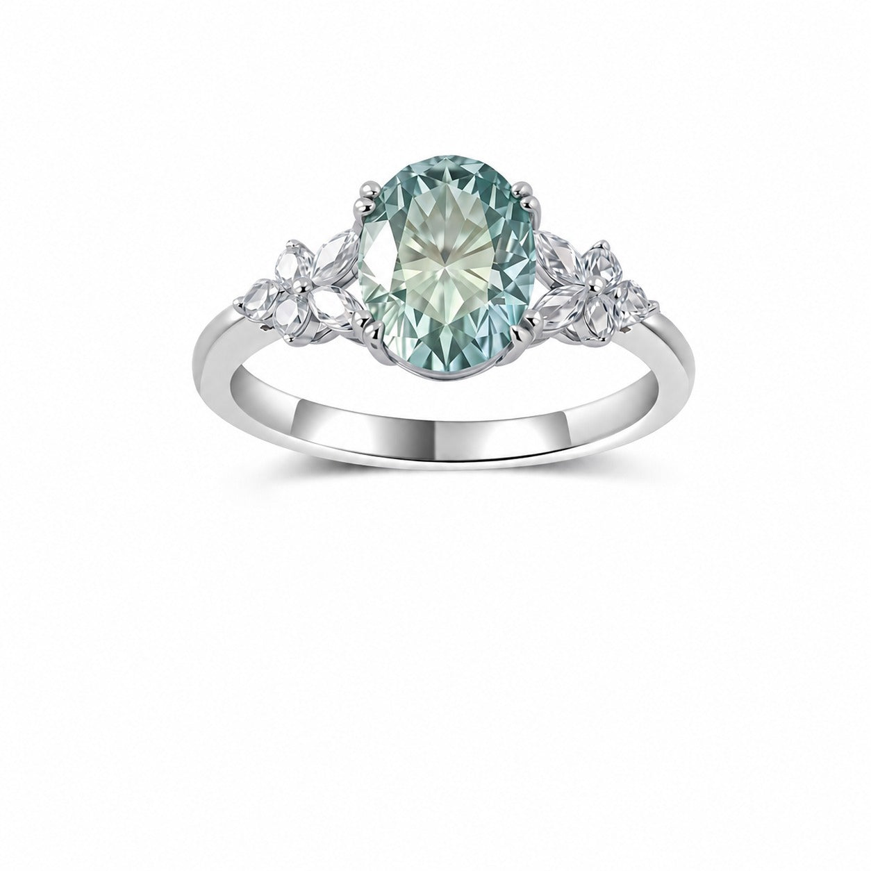 Oval Blue Green Moissanite  925 Sterling Silver Floral Side Stone Cluster Ring
