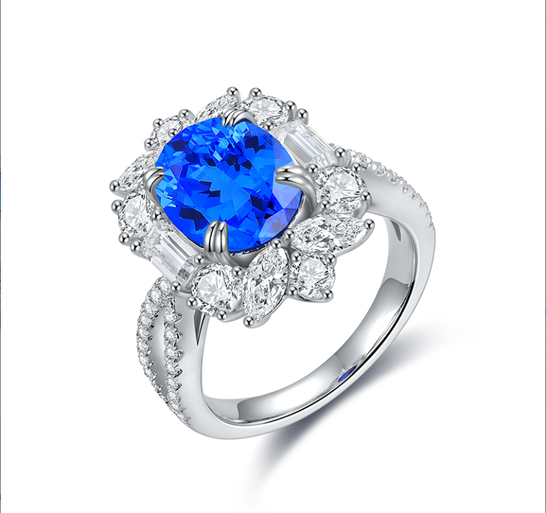 Lab-Grown Gemstone Cushion-Cut Floral Halo Ring in 925 Sterling Silver