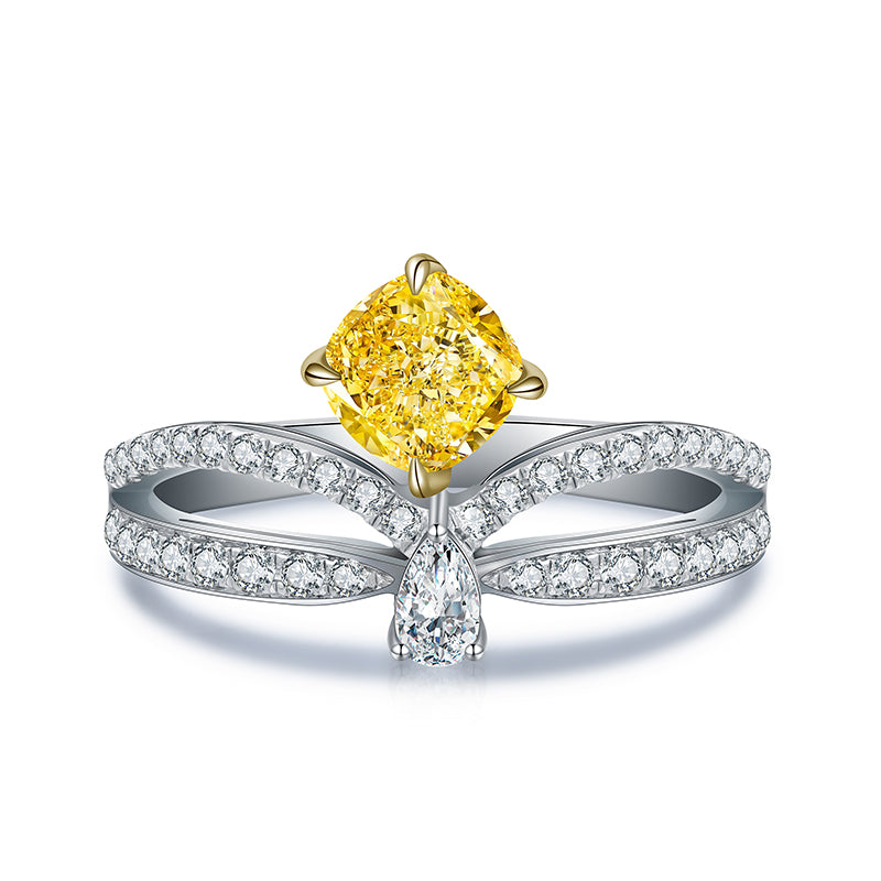 Yellow Cushion-Cut Moissanite Split Shank Statement Ring in 925 Sterling Silver
