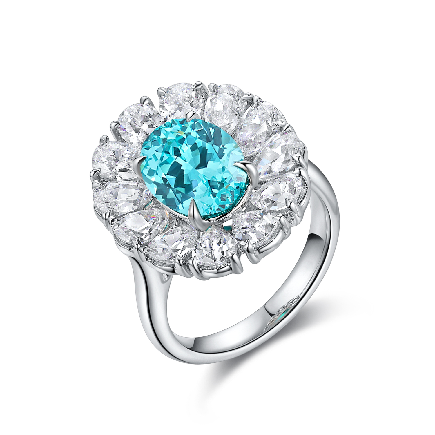 Oval-Cut Lab-Created Gemstone Floral Halo Ring in 925 Sterling Silver