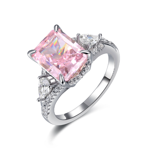 Pink Octagon-Cut Moissanite Three-Stone Statement Ring in 925 Sterling Silver