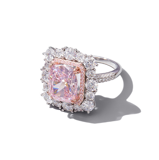 Pink Radiant-Cut Moissanite Double Halo Statement Ring in 925 Sterling Silver