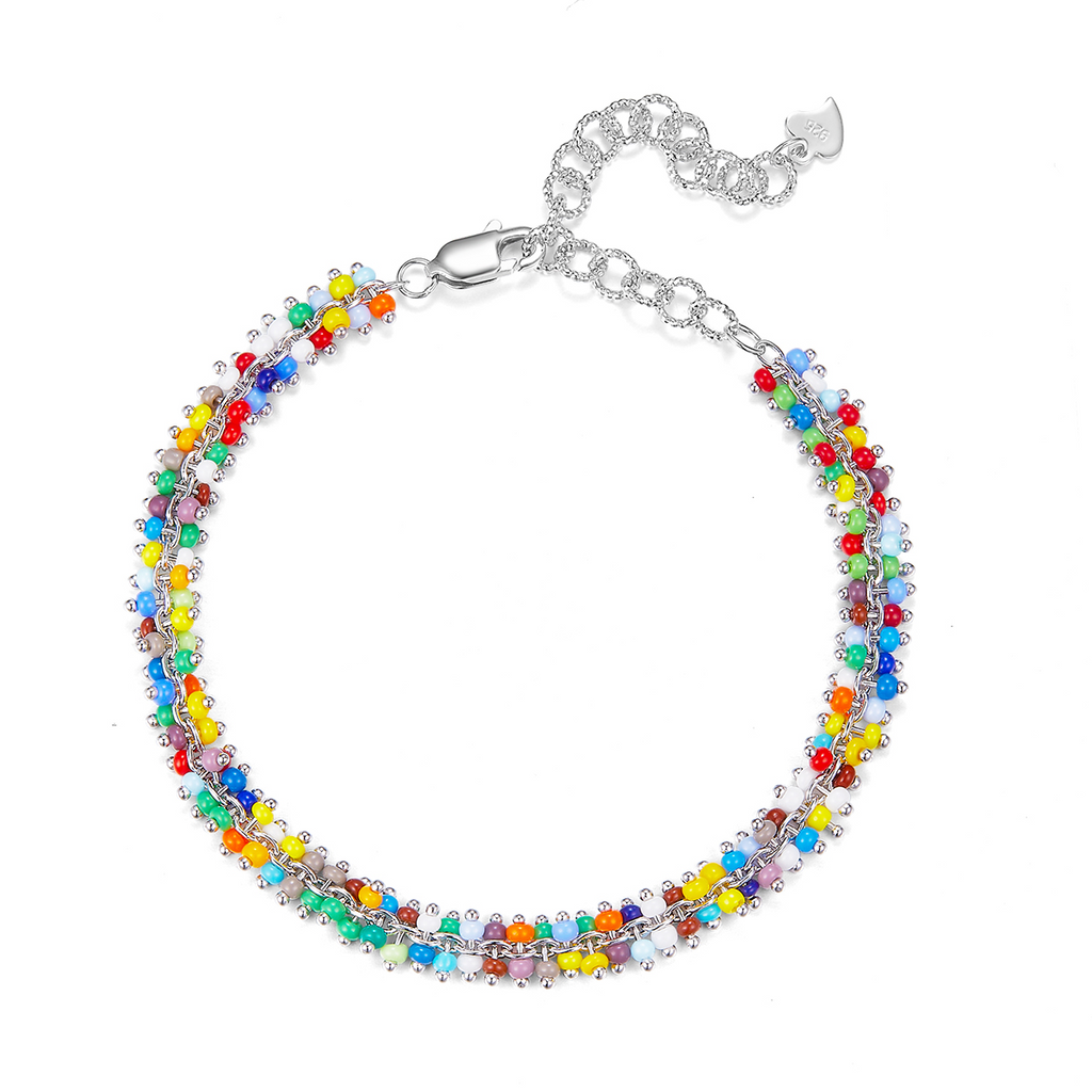 Multicolor Beaded Fringe Chain Bracelet in 925 Sterling Silver