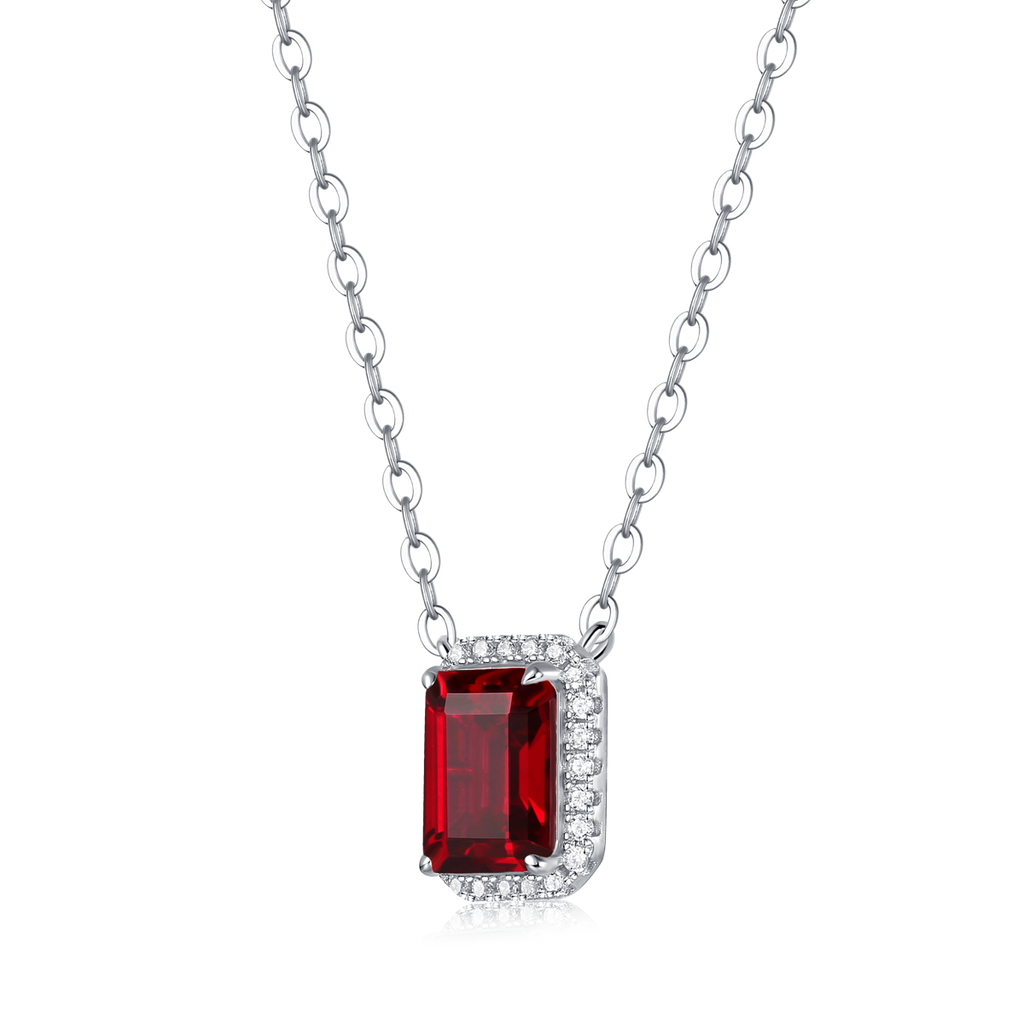 Emerald-Cut Lab Gemstone Halo Pendant Necklace in 925 Sterling Silver