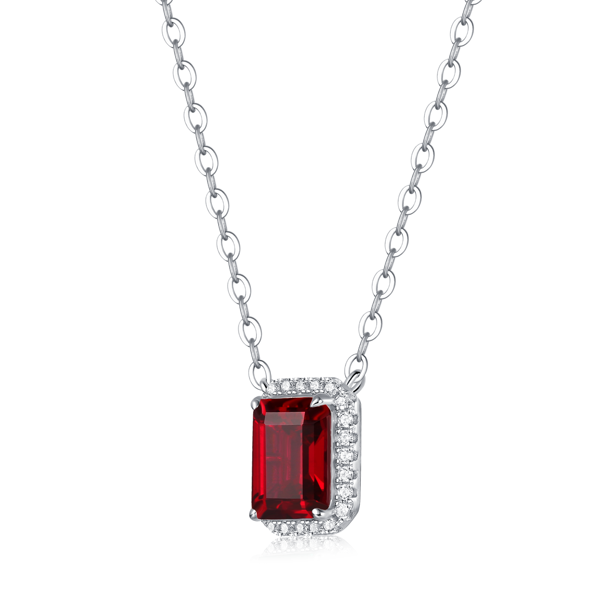 Emerald-Cut Lab Gemstone Halo Pendant Necklace in 925 Sterling Silver