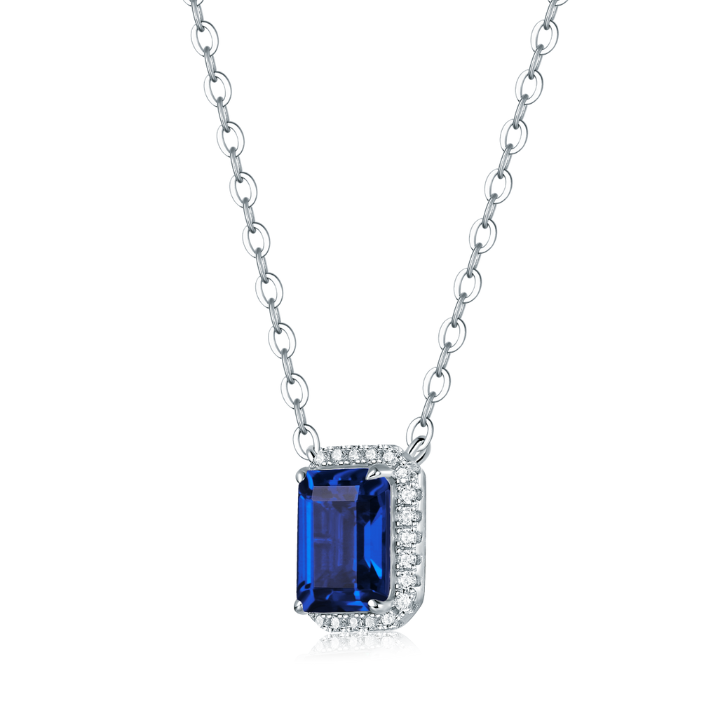 Emerald-Cut Lab Gemstone Halo Pendant Necklace in 925 Sterling Silver