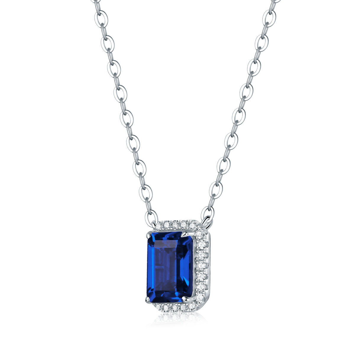 Emerald-Cut Lab Gemstone Halo Pendant Necklace in 925 Sterling Silver