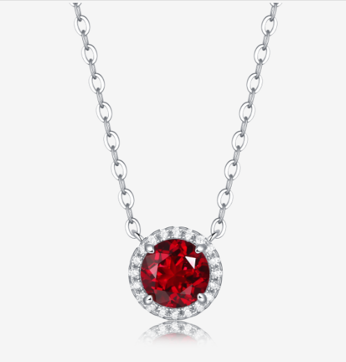 Round-Cut Lab-Created Gemstone Halo Pendant Necklace in 925 Sterling Silver