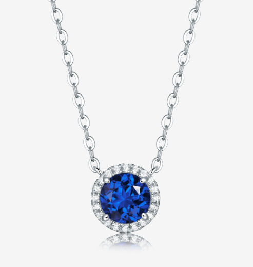 Round-Cut Lab-Created Gemstone Halo Pendant Necklace in 925 Sterling Silver