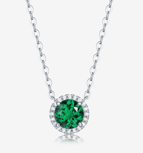 Round-Cut Lab-Created Gemstone Halo Pendant Necklace in 925 Sterling Silver