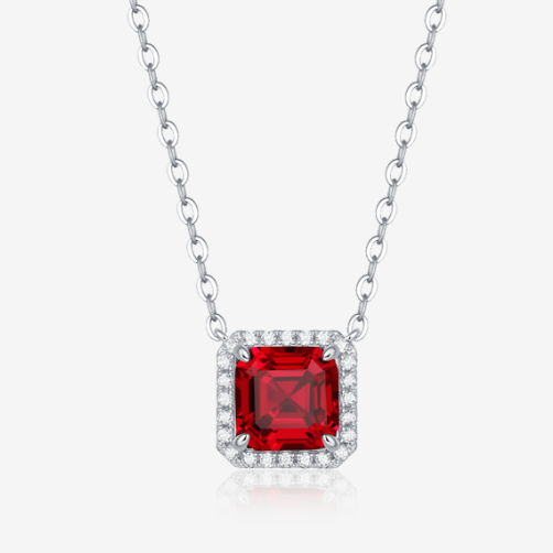 Square-Cut Lab Gem Halo Pendant Necklace in 925 Sterling Silver