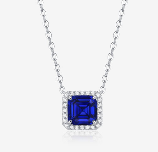 Square-Cut Lab Gem Halo Pendant Necklace in 925 Sterling Silver