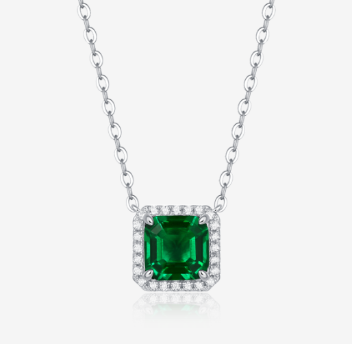 Square-Cut Lab Gem Halo Pendant Necklace in 925 Sterling Silver