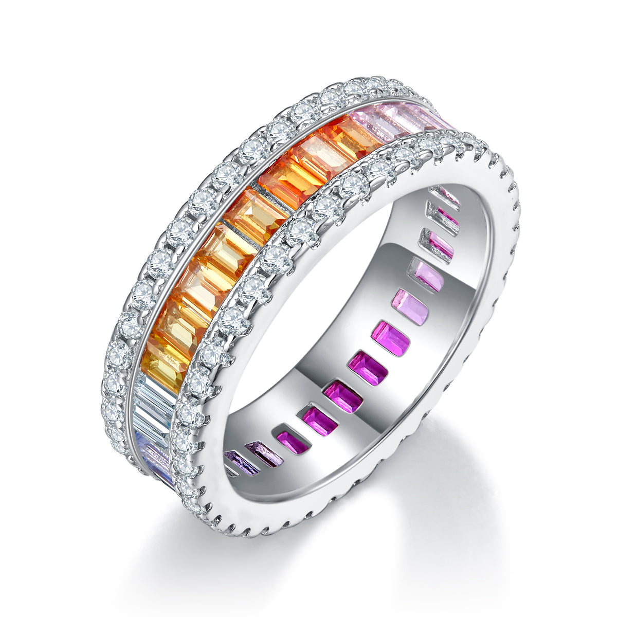 Rainbow Baguette-Cut Moissanite Eternity Band Ring in 925 Sterling Silver