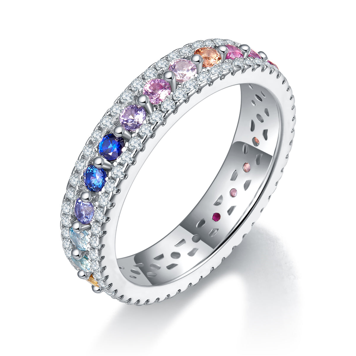 Rainbow Round-Cut Moissanite Eternity Band Ring in 925 Sterling Silver