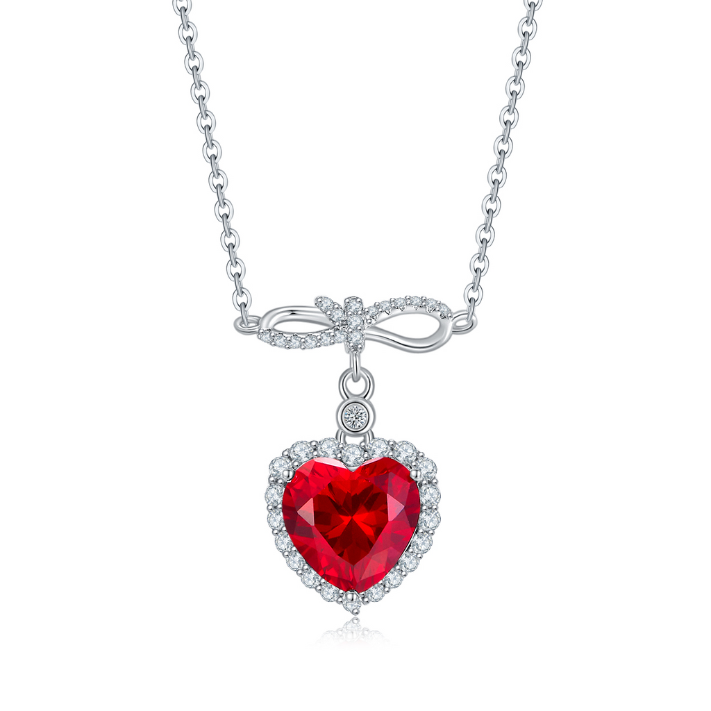 Heart-Cut Lab Ruby Bow Halo Pendant Necklace in 925 Sterling Silver