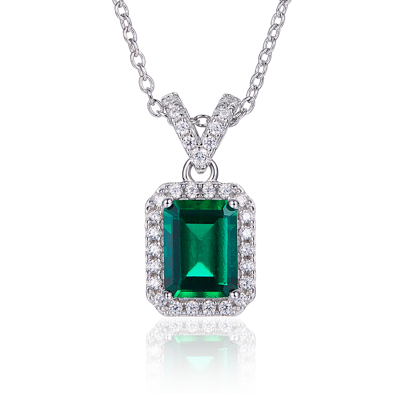 Emerald-Cut Lab Emerald Halo Pendant Necklace in 925 Sterling Silver