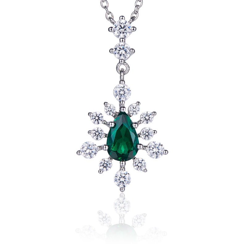 Lab-Created Emerald Pear-Cut Snowflake Drop Necklace in 925 Sterling Silver