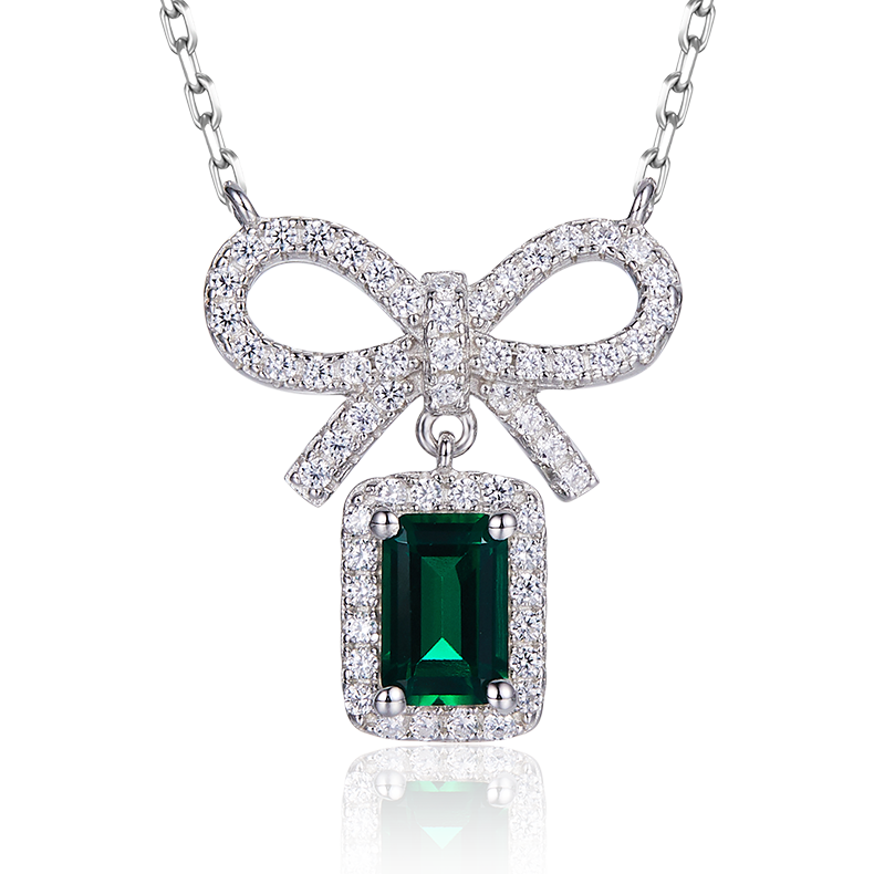 Emerald-Cut Lab Emerald Bow Halo Pendant Necklace in 925 Sterling Silver