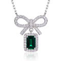 Emerald-Cut Lab Emerald Bow Halo Pendant Necklace in 925 Sterling Silver