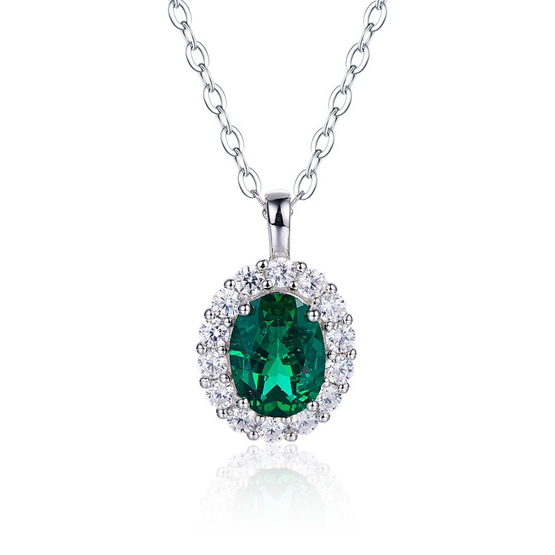 Oval-Cut Lab Emerald Halo Pendant Necklace in 925 Sterling Silver