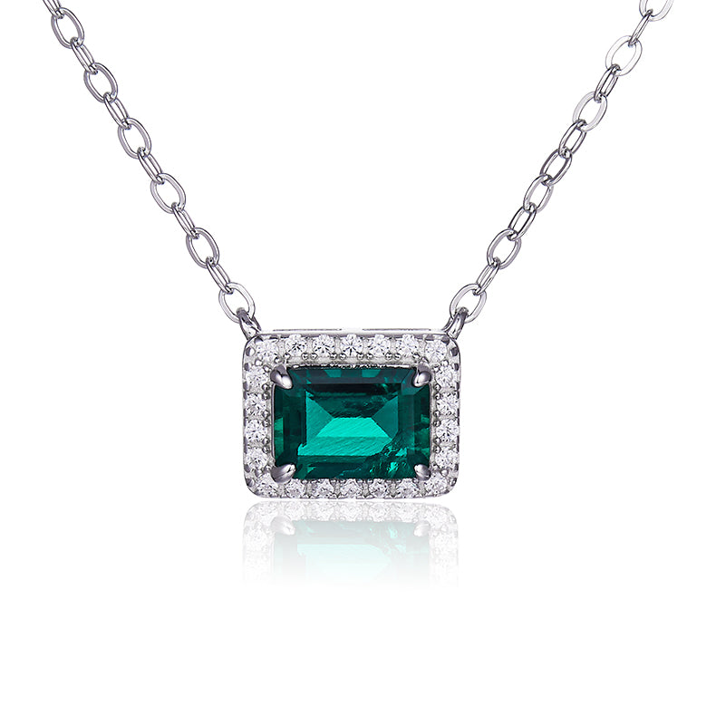 Emerald-Cut Zambia-Green Lab Emerald Halo Pendant Necklace in 925 Sterling Silver