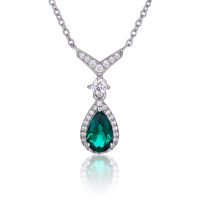 Pear-Cut Lab Emerald Chevron Halo Pendant Necklace in 925 Sterling Silver