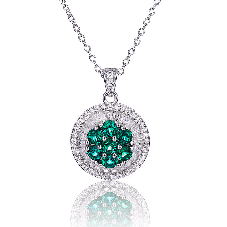 Lab Emerald Floral Cluster Halo Pendant Necklace in 925 Sterling Silver