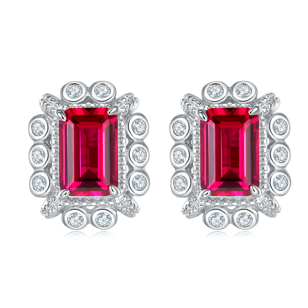 Emerald-Cut Lab Ruby Vintage Halo Stud Earrings in 925 Sterling Silver