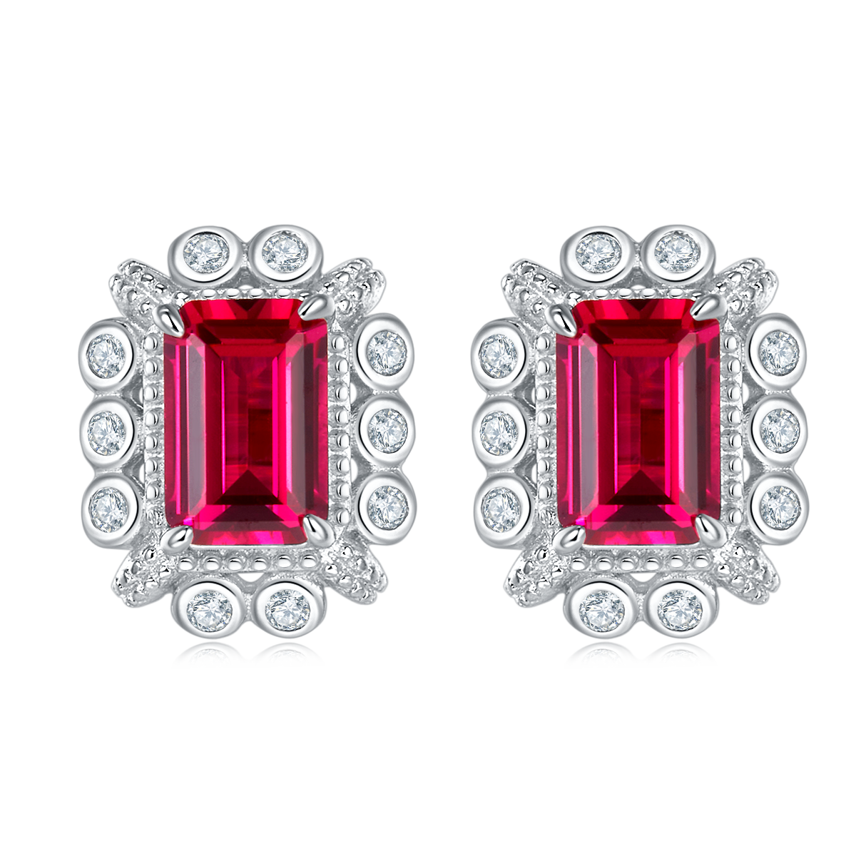 Emerald-Cut Lab Ruby Vintage Halo Stud Earrings in 925 Sterling Silver