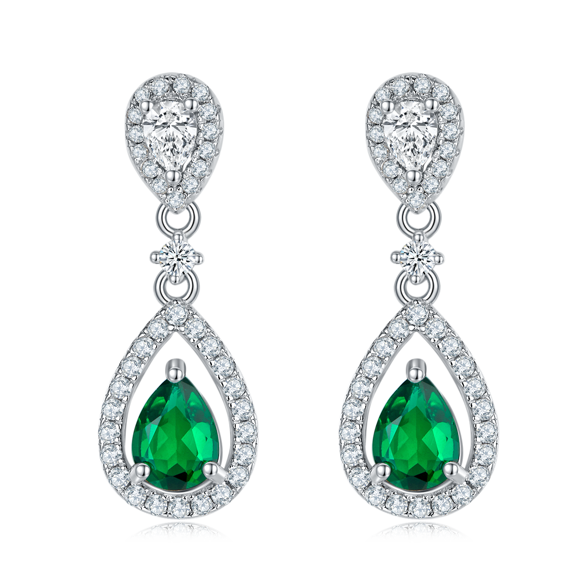 Pear-Cut Lab Emerald Double Halo Drop Earrings in 925 Sterling Silver