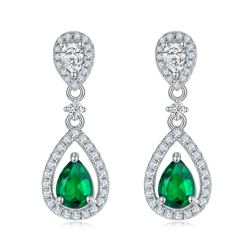 Pear-Cut Lab Emerald Double Halo Drop Earrings in 925 Sterling Silver