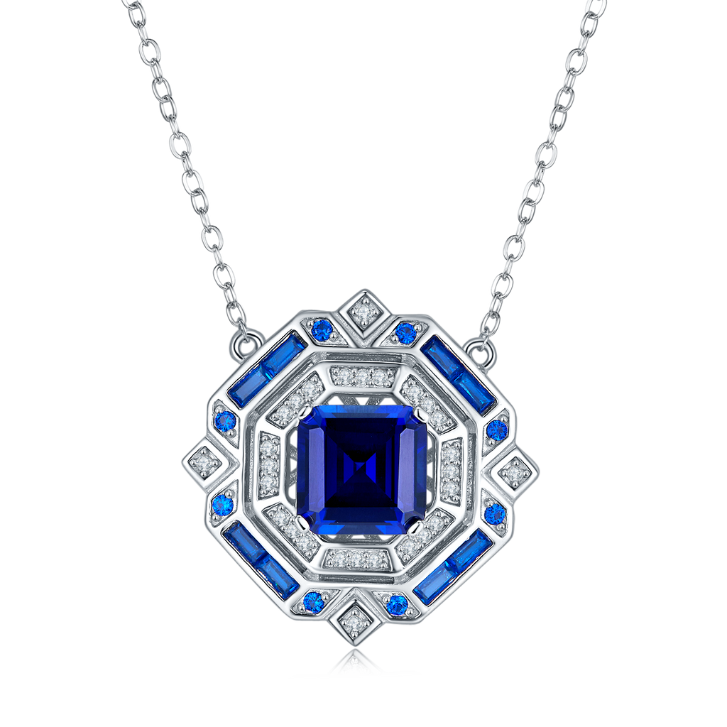 Princess-Cut Blue Sapphire Art Deco Halo Necklace in 925 Sterling Silver