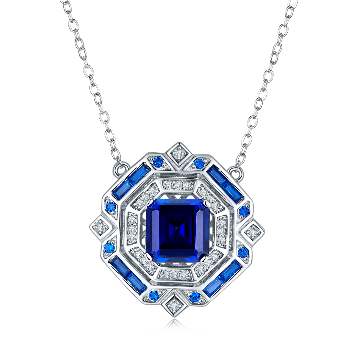 Princess-Cut Blue Sapphire Art Deco Halo Necklace in 925 Sterling Silver