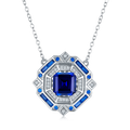 Princess-Cut Blue Sapphire Art Deco Halo Necklace in 925 Sterling Silver
