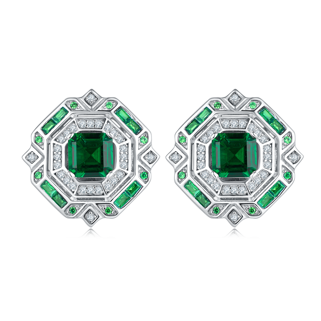 Princess-Cut Lab Gemstone Art Deco Halo Stud Earrings in 925 Sterling Silver