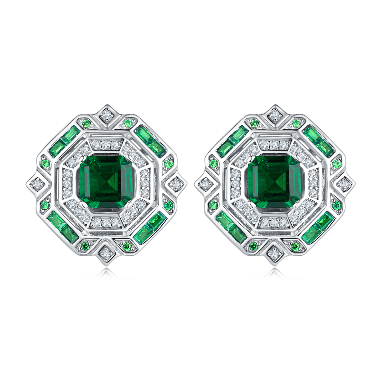 Princess-Cut Lab Gemstone Art Deco Halo Stud Earrings in 925 Sterling Silver