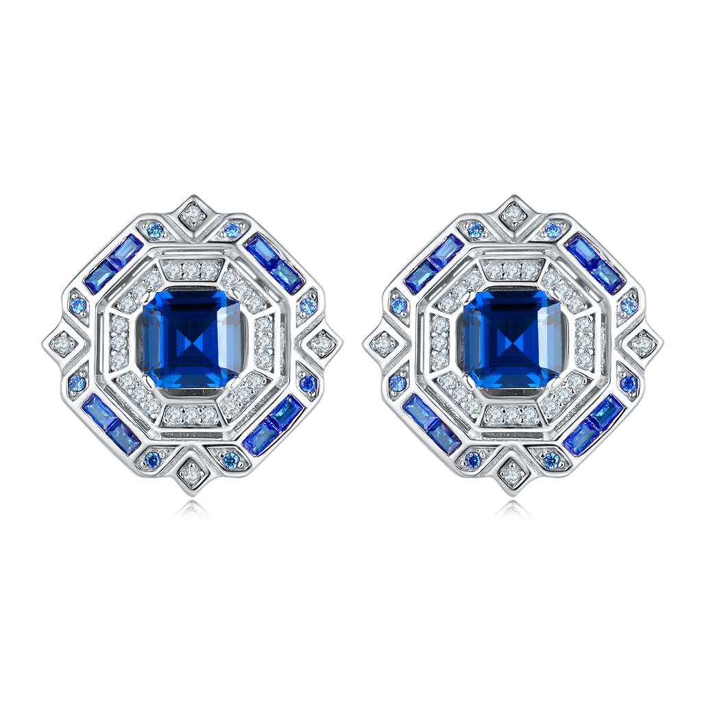 Princess-Cut Lab Gemstone Art Deco Halo Stud Earrings in 925 Sterling Silver