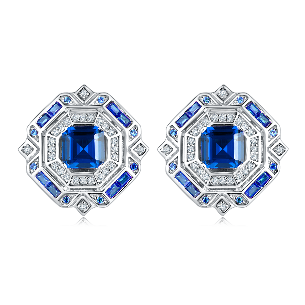 Princess-Cut Lab Gemstone Art Deco Halo Stud Earrings in 925 Sterling Silver
