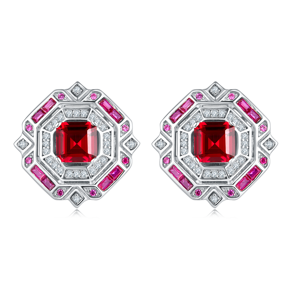 Princess-Cut Lab Gemstone Art Deco Halo Stud Earrings in 925 Sterling Silver