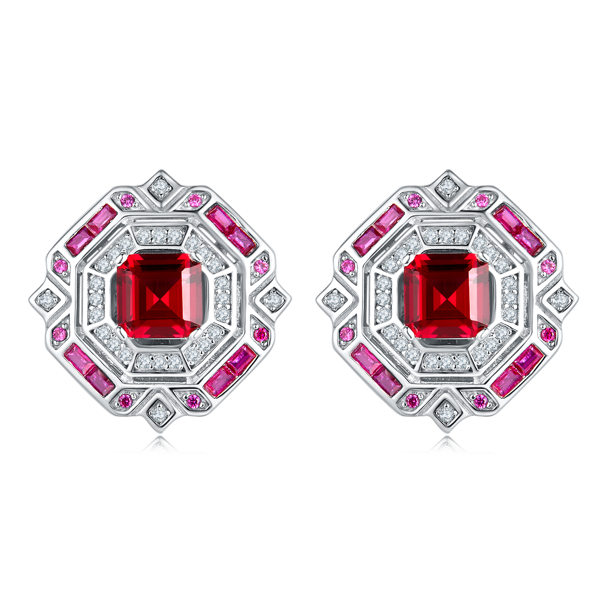 Princess-Cut Lab Gemstone Art Deco Halo Stud Earrings in 925 Sterling Silver