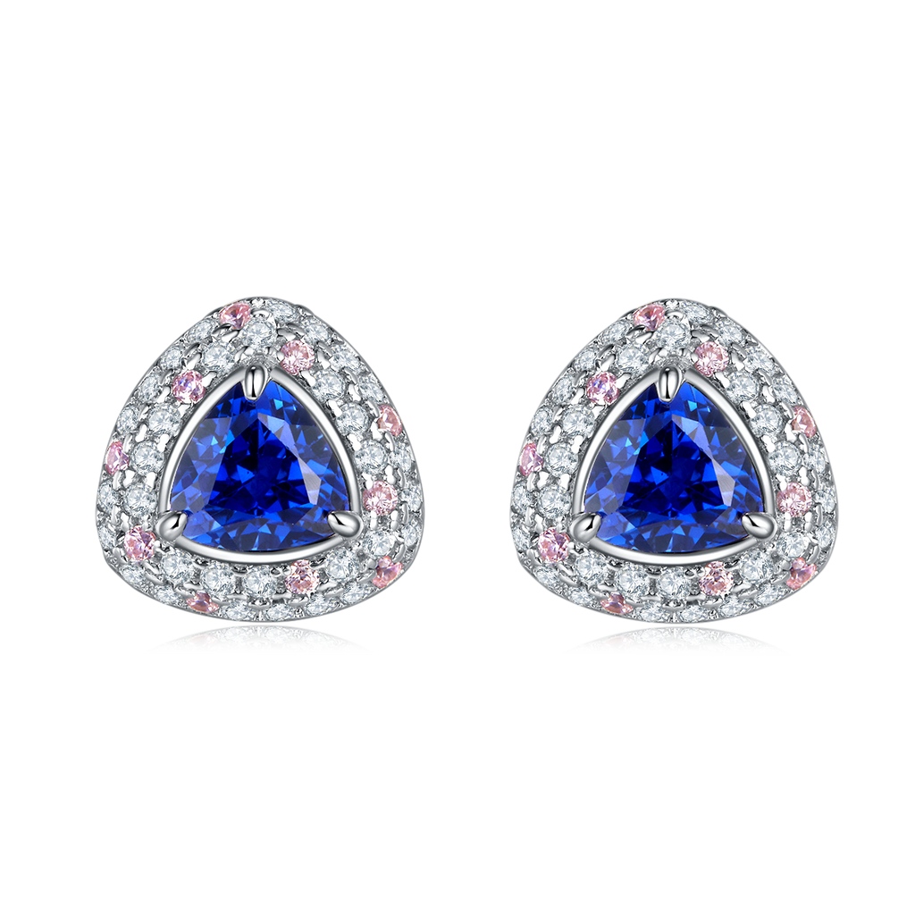 Trillion-Cut Blue Sapphire Halo Stud Earrings in 925 Sterling Silver