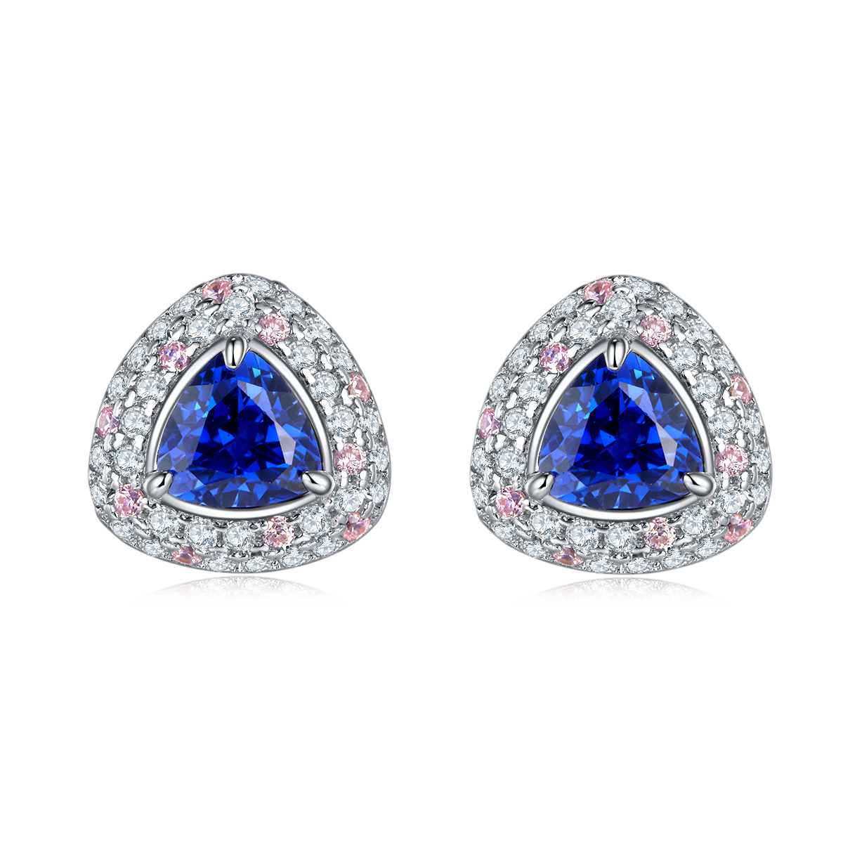 Trillion-Cut Blue Sapphire Halo Stud Earrings in 925 Sterling Silver