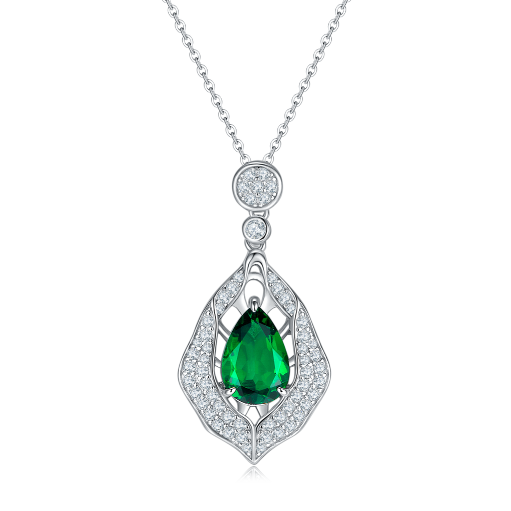Pear-Cut Emerald-Green Moissanite Art Deco Drop Pendant Necklace in 925 Sterling Silver