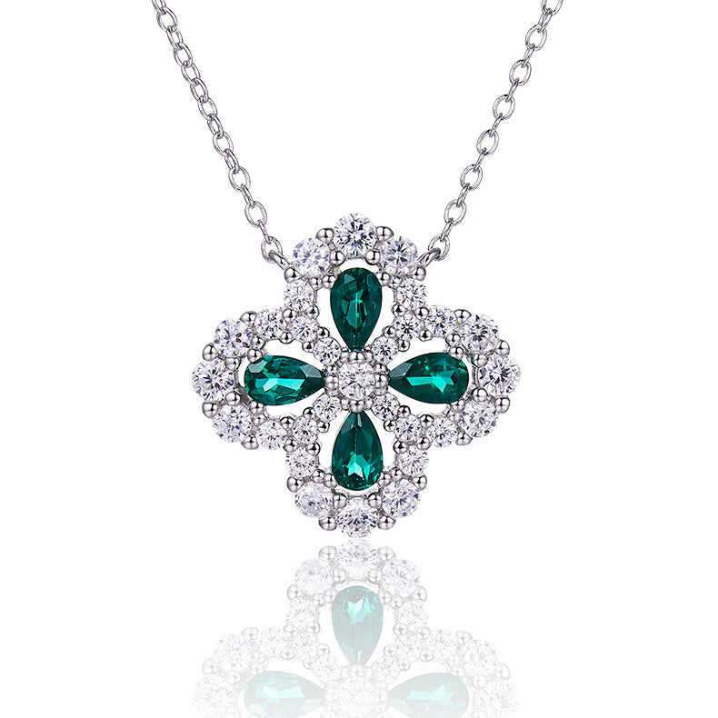 Lab-Created Emerald Pear-Cut Clover Halo Pendant Necklace in 925 Sterling Silver