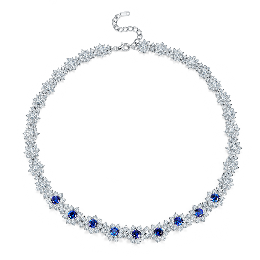Round-Cut Lab Sapphire Floral Halo Statement Necklace in 925 Sterling Silver