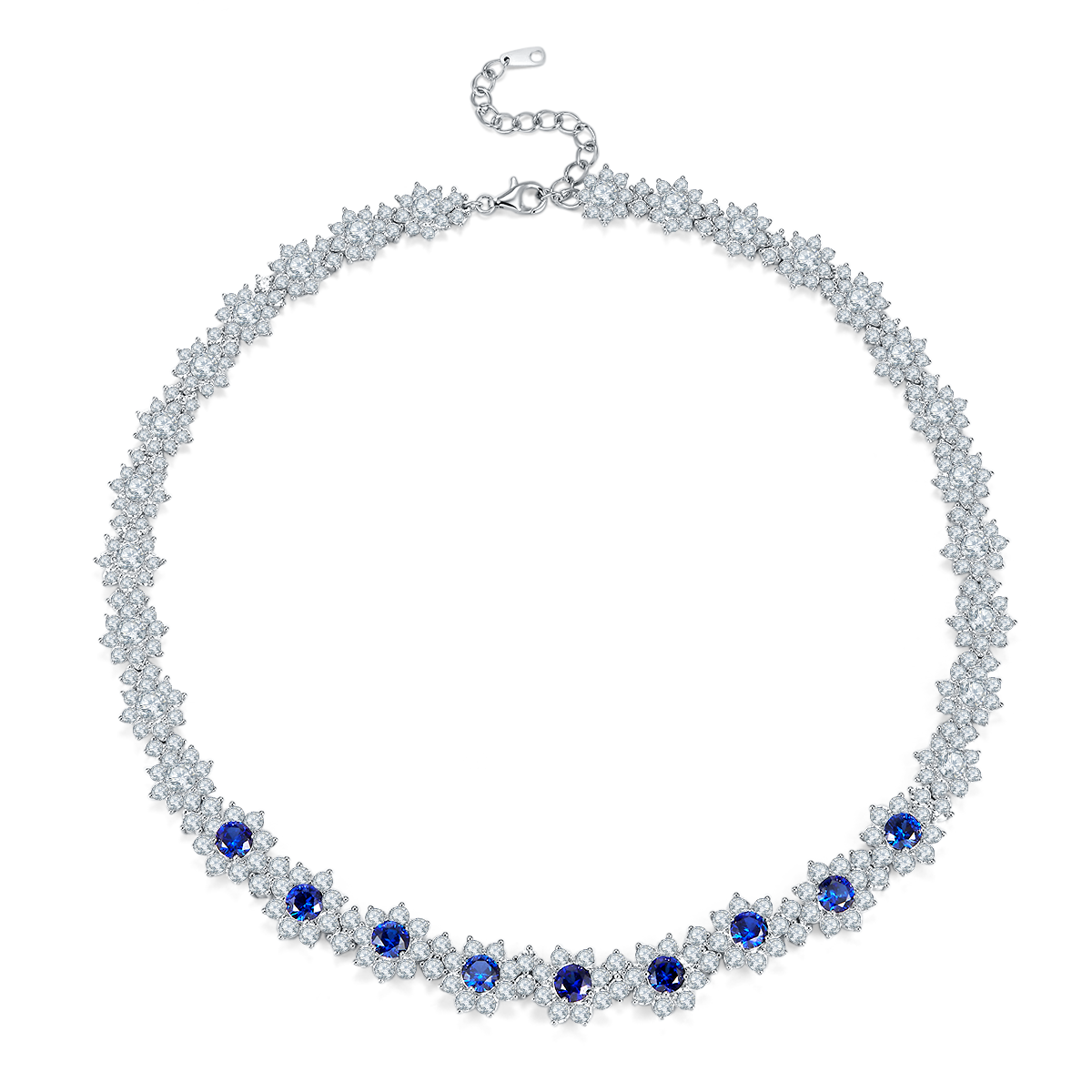 Round-Cut Lab Sapphire Floral Halo Statement Necklace in 925 Sterling Silver