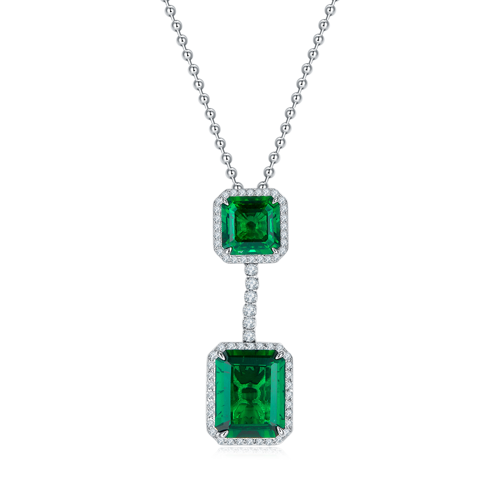 Emerald-Cut Lab-Created Emerald Double Halo Drop Pendant Necklace